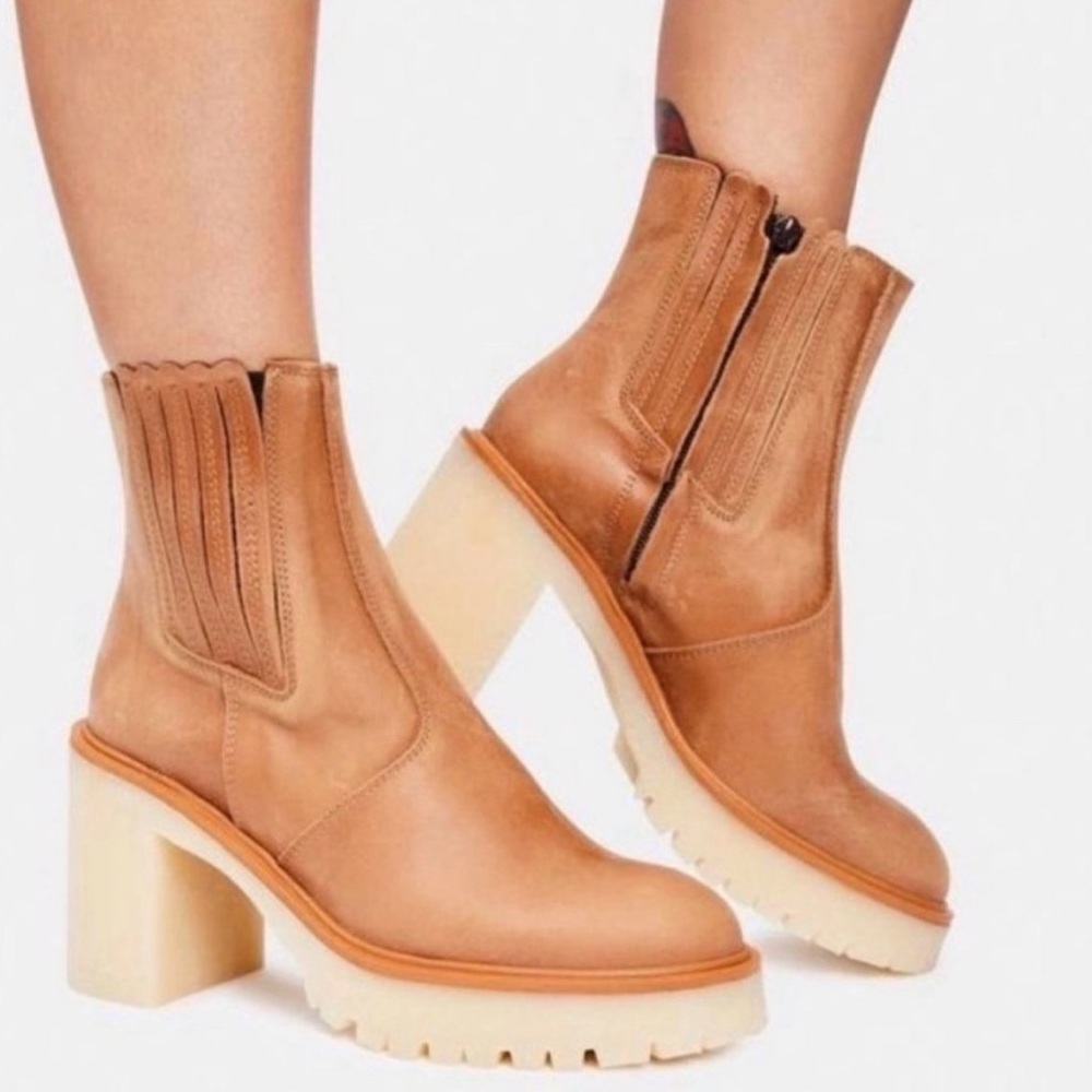 Free People Tan Leather Platform James Chelsea‎ Block Heel Boots